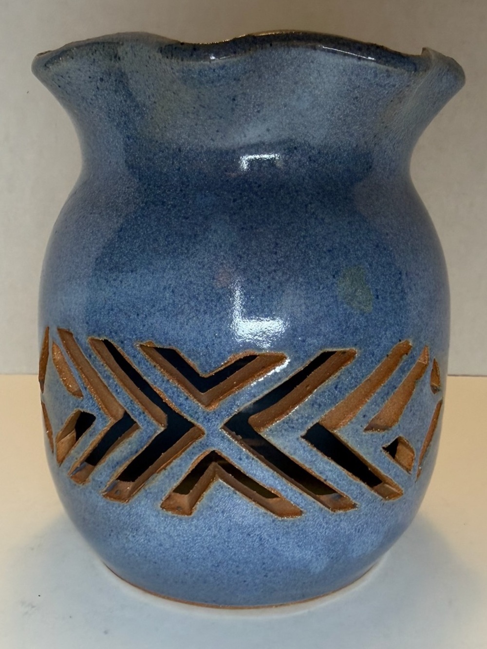 Vintage Blue Hand Thrown Pottery Vase with Geometric Cutouts - Signed Crane ‘90